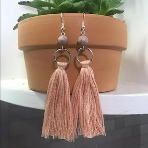 Hand made peach with gray accent tassel earrings
